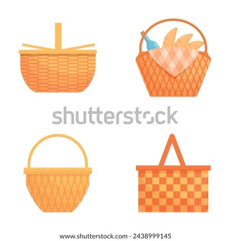 Picnic basket icons set cartoon vector. Wicker basket filled with food. Summer rest