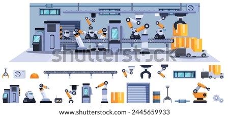 Robot conveyor belt icons set cartoon vector. Machinery line. Industry production