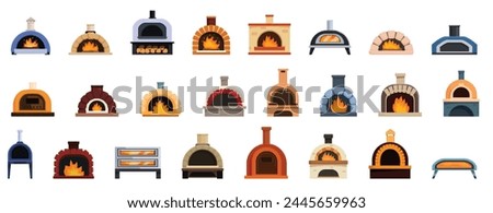 Pizza oven icons set cartoon vector. Italian restaurant. Traditional process