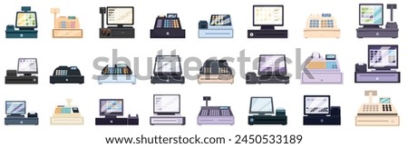 Cashier machine icons set cartoon vector. Small payment. Terminal scanner