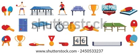 Ping pong tournament icons set cartoon vector. People playing. Sport indoor