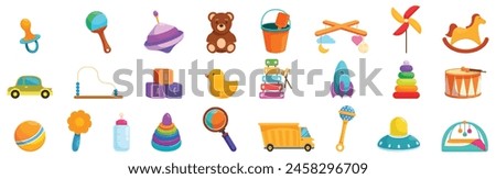 First babies toys icons set cartoon vector. Newborn baby. Nursery product