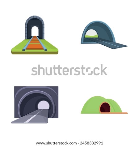 Road tunnel icons set cartoon vector. Interior of walkway tunnel road. Infrastructure concept