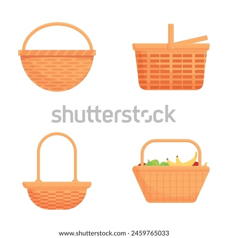 Food basket icons set cartoon vector. Picnic basket filled with various product. Summer rest
