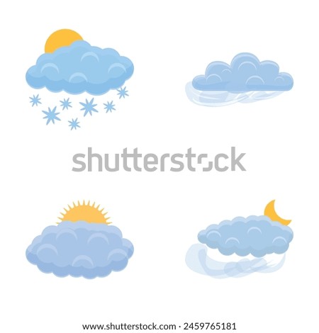 Cloud icons set cartoon vector. Gray cloud covers sun and moon. Meteorology, weather condition