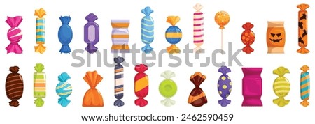 Candy wrappers vector. A bunch of candy with a variety of colors and shapes. The candy is in different colors and shapes, including some that are orange, green, and purple