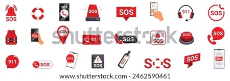 Sos sign vector. A collection of icons for the SOS button, including a cell phone, a bottle, a red SOS button, and a red SOS sign