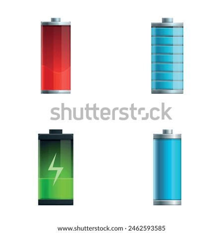 Battery icons set cartoon vector. Battery with different level of charge. Electric power accumulator