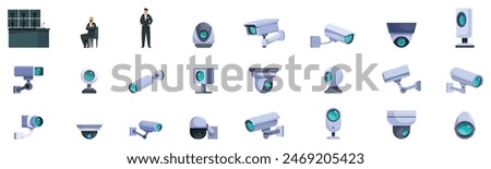 Video surveillance system icons set vector. A collection of various security cameras, including a man in a suit standing in front of a desk