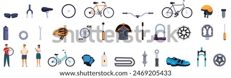 Bicycle store icons set vector. A collection of bicycle parts and accessories