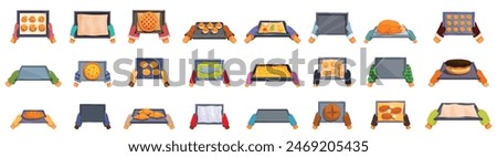 Hands hold oven tray icons set vector. A collection of people holding various food items, including pizza, cookies, and cakes