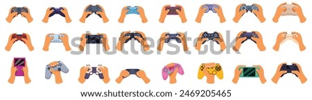 Gamer hands console controller icons set vector. A hand holding a game controller with a pink controller