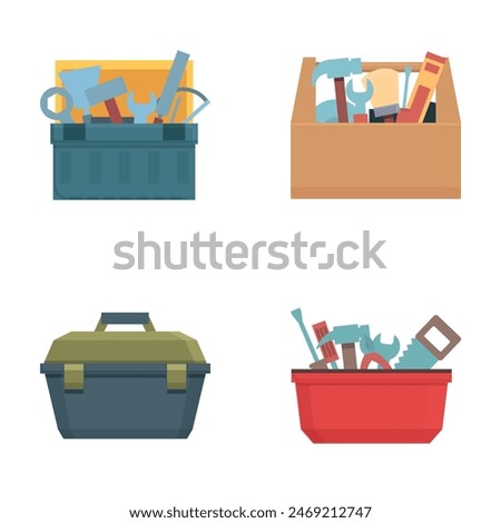 Toolbox icons set cartoon vector. Various toolbox with instrument inside. Construction and repair tool