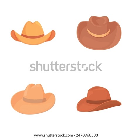 Collection of four different cartoonstyle cowboy hats, isolated on white background