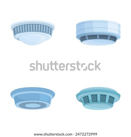 Fire detector icons set cartoon vector. Smoke control system. Fire safety