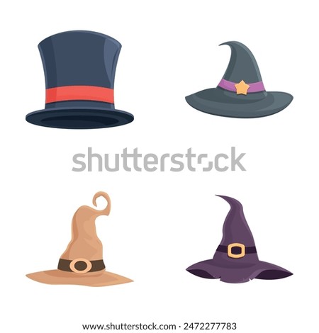 Magician hat icons set cartoon vector. Old magician or sorceress hat. Halloween party