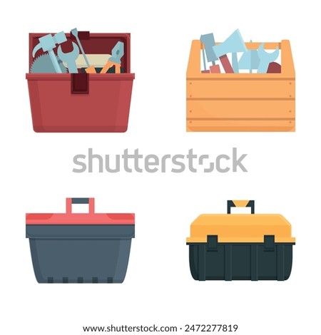 Tool box icons set cartoon vector. Toolbox with hand instrument inside. Construction and repair tool