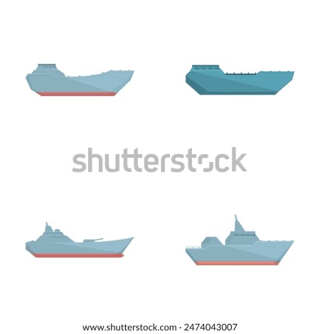 Collection of four modern maritime vessels including warships and cargo ships, isolated on a white background