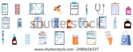 RX form icons set. Pharmacist holding rx prescription form, doctor writing prescription, medication, pills and bottles, online medicine