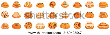 Cinnamon bun icons set. Freshly baked cinnamon rolls with white icing, perfect for a bakery menu or website