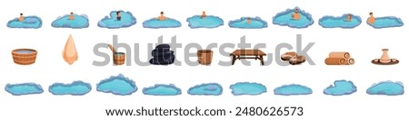 Japanese onsen icons set. People enjoying onsen, a traditional japanese hot spring, with various accessories for spa treatment