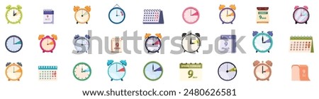 Spring forward icons set. Set of alarm clocks and calendars showing different times and dates of spring and summer for time management concept