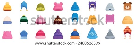 Kid beanie icons set. Large collection of colorful and diverse winter hats, featuring different styles and designs to keep you warm and stylish