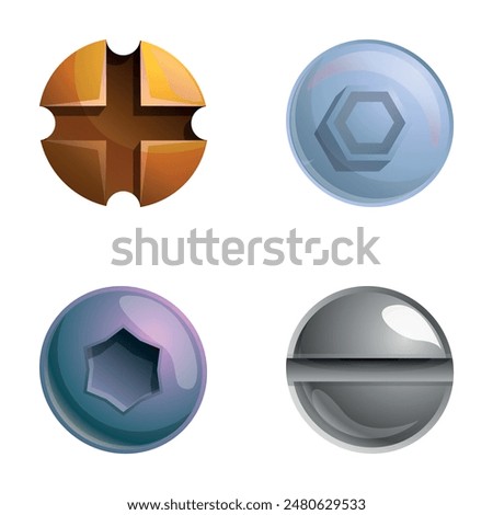 Steel screw icons set cartoon vector. Metal screw and bolt. Fixing device, repair tool