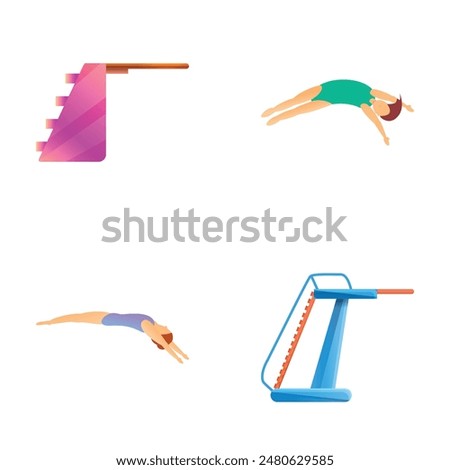 High diving icons set cartoon vector. Woman jumping from board into water. Water sport, competition