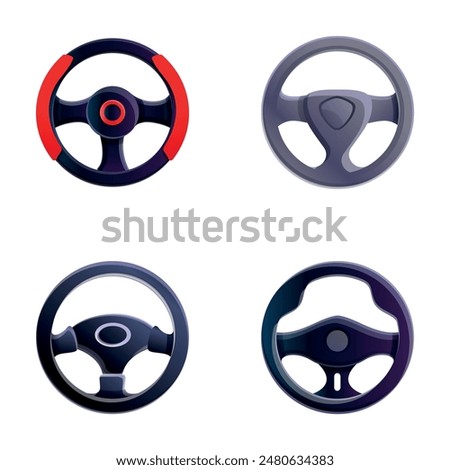 Automobile wheel icons set cartoon vector. Different car steering wheel. Auto part for control drive and turn