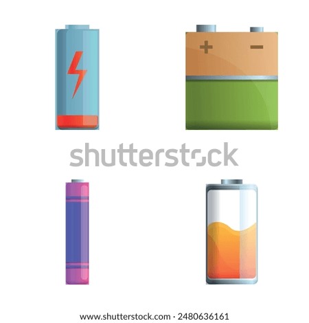 Metal battery icons set cartoon vector. Battery and accumulator of various size. Energy source for electric device