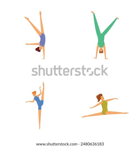 Gymnastics icons set cartoon vector. Beautiful girl doing rhythmic gymnastics. Sport concept