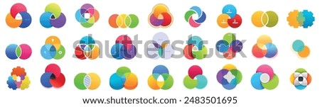 Venn diagram icons set. Colorful set of venn diagrams with overlapping circles, showing a common area, for use in a business infographic presentation