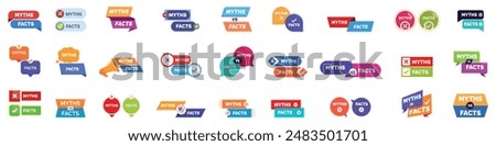 Myths facts icons set. Collection of colorful stickers, symbols and speech bubbles separating myths from facts