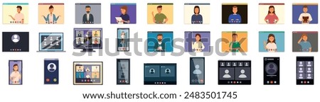 videocall icons set. People working from home having video conference call using computer, laptop, tablet and smartphone