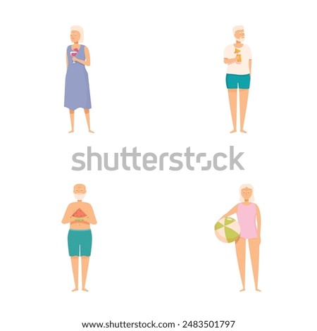 Set of elderly couples enjoying summer activities, isolated on white