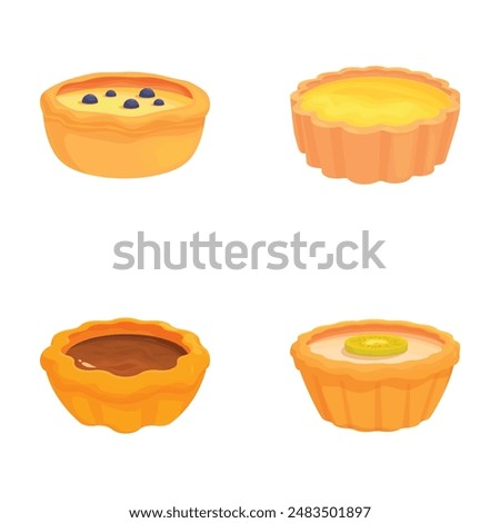 Illustration of an assorted collection of sweet tarts. Including lemon. Blueberry. Chocolate. Kiwi. And custard. With elegant toppings and colorful designs