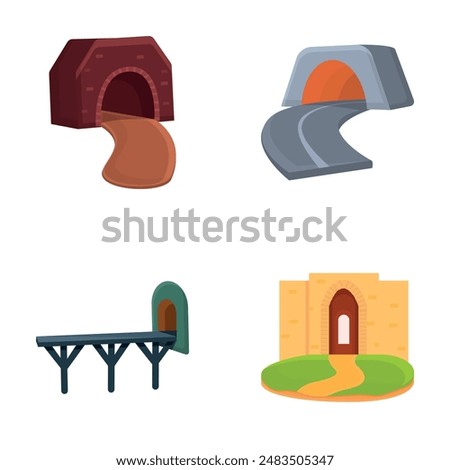 Tunnel entrance icons set cartoon vector. Interior of walkway tunnel road. Infrastructure concept