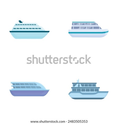 Ferry ship icons set cartoon vector. Passenger or cargo ferry ship. Sea transportation vehicle