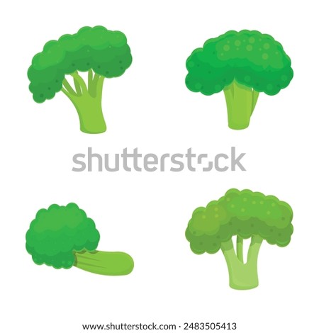 Green broccoli icons set cartoon vector. Organic broccoli cabbage on stalk. Healthy nutrition