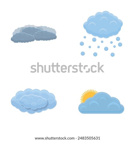 Various cloud icons set cartoon vector. Winter gray cloud with snow. Meteorology, weather condition