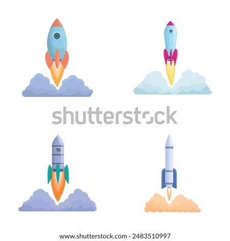 Rocket ship icons set cartoon vector. Rocket launch and fire flame. Aviation and space