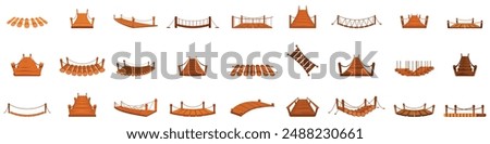 Rope bridge icons set. Set of various wooden bridges connecting land over water, perfect for any project needing a rustic or natural feel