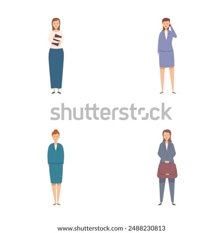 Collection of four diverse illustrated businesswomen standing in different professional poses