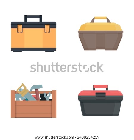 Toolkit icons set cartoon vector. Toolbox with hand instrument inside. Construction and repair tool