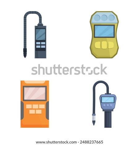 Collection of four vector icons depicting gas station pump handles and fuel meters