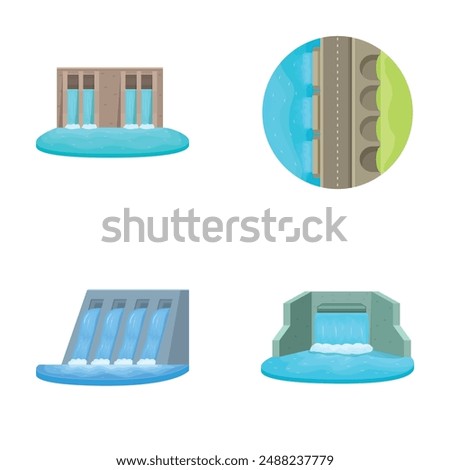 Collection of four illustrated hydroelectric dams and power stations with water flow, isolated on white