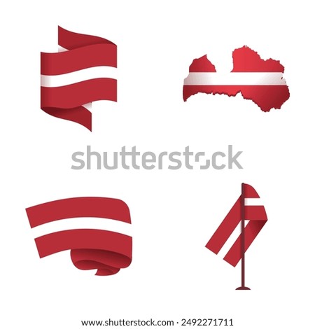 Set of latvia's flag illustrations including wavy flag and map outline