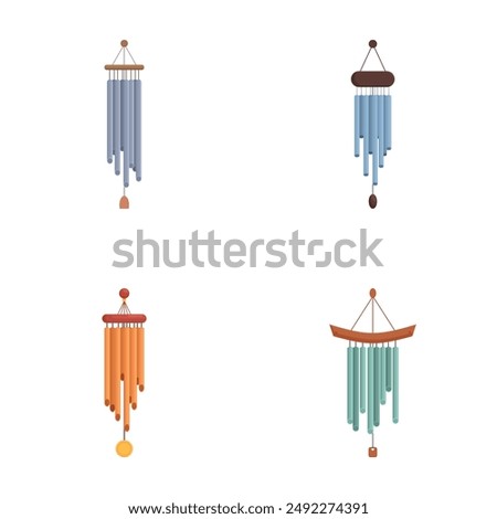 Collection of four illustrated wind chimes in various colors and designs, isolated on a white background