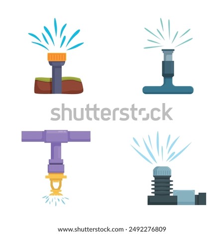 Collection of four flat design icons depicting various types of irrigation sprinklers